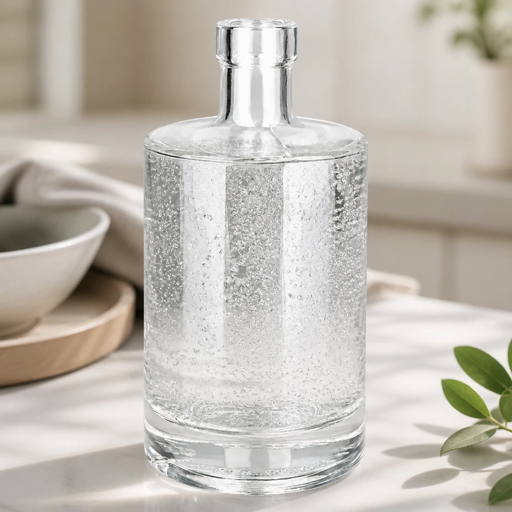Bouteille en verre 500 ml « Marie » sans bouchon UNiTWIST® Bouteille en verre Marie de 500 ml remplie d'eau montre la transparence et la qualité de la bouteille UNiTWIST dans l'ambiance de la cuisine
