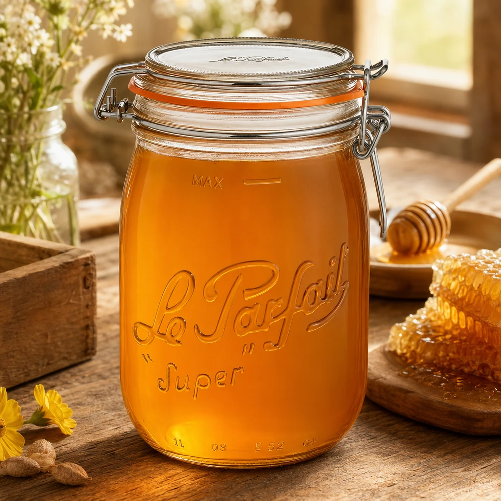 Bocal Le Parfait® 1 L Ø85 mm conserve 1000ml Le Parfait Super pot à provisions avec fermeture à étrier rempli de miel sur table en bois avec alvéoles et cuillère à miel