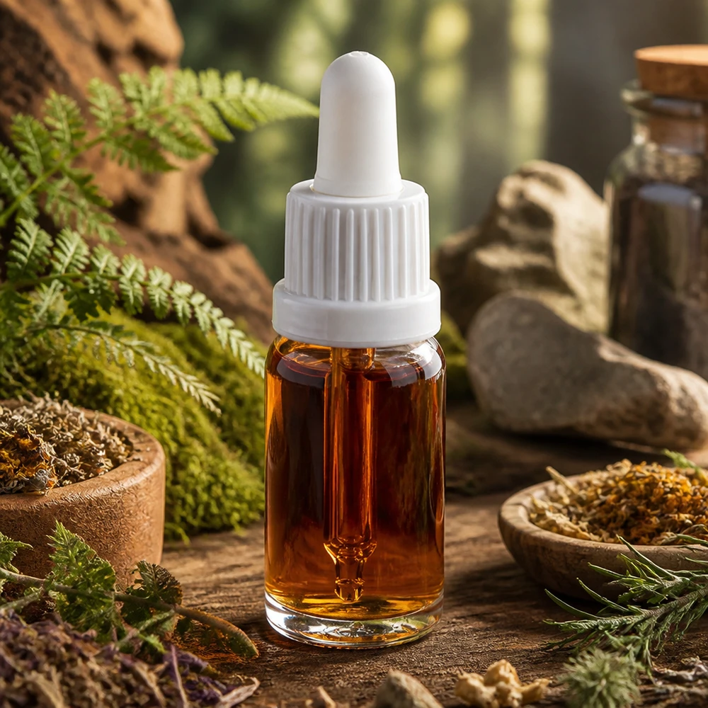 Teinture d'huile aux herbes en flacon pipette blanc de 10 ml OV ClearLine UT18/10, entouré d'herbes médicinales
