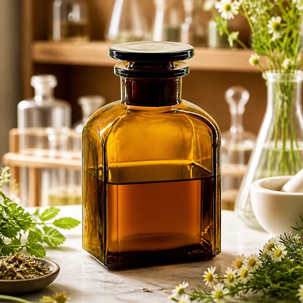 Flacon carré col large 150 ml + bouchon RIN, verre ambré Flacon carré classique en verre ambré de 150 ml, à col large, avec protection UV, pour les cosmétiques naturels et les extraits végétaux
