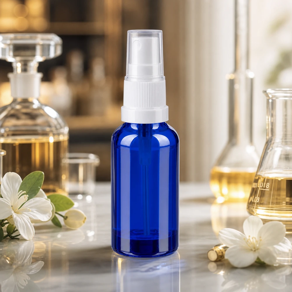 Vaporisateur 30ml blanc/tr. STD BlueLine UT18/30 Le vaporisateur en verre bleu cobalt de 30 ml protège les ingrédients sensibles à la lumière contre les rayons UV