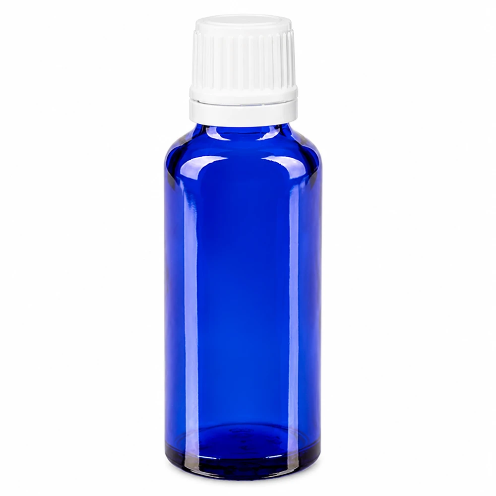 Flacon compte-gouttes bleu de 30 ml, emballage d'origine blanc, en verre pharmaceutique de haute qualité pour médicaments et huiles