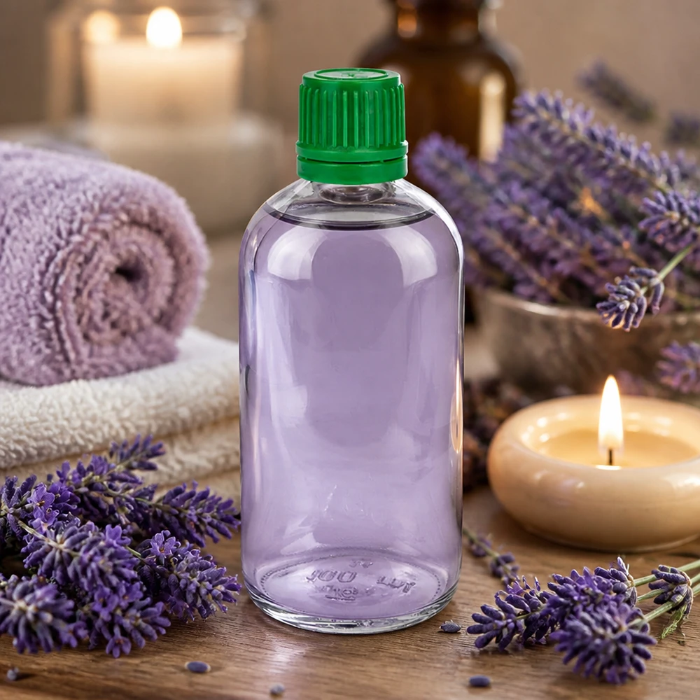 Huile d'aromathérapie à la lavande en flacon en verre transparent ClearLine UT18 de 100 ml avec bouchon de sécurité vert pour enfants