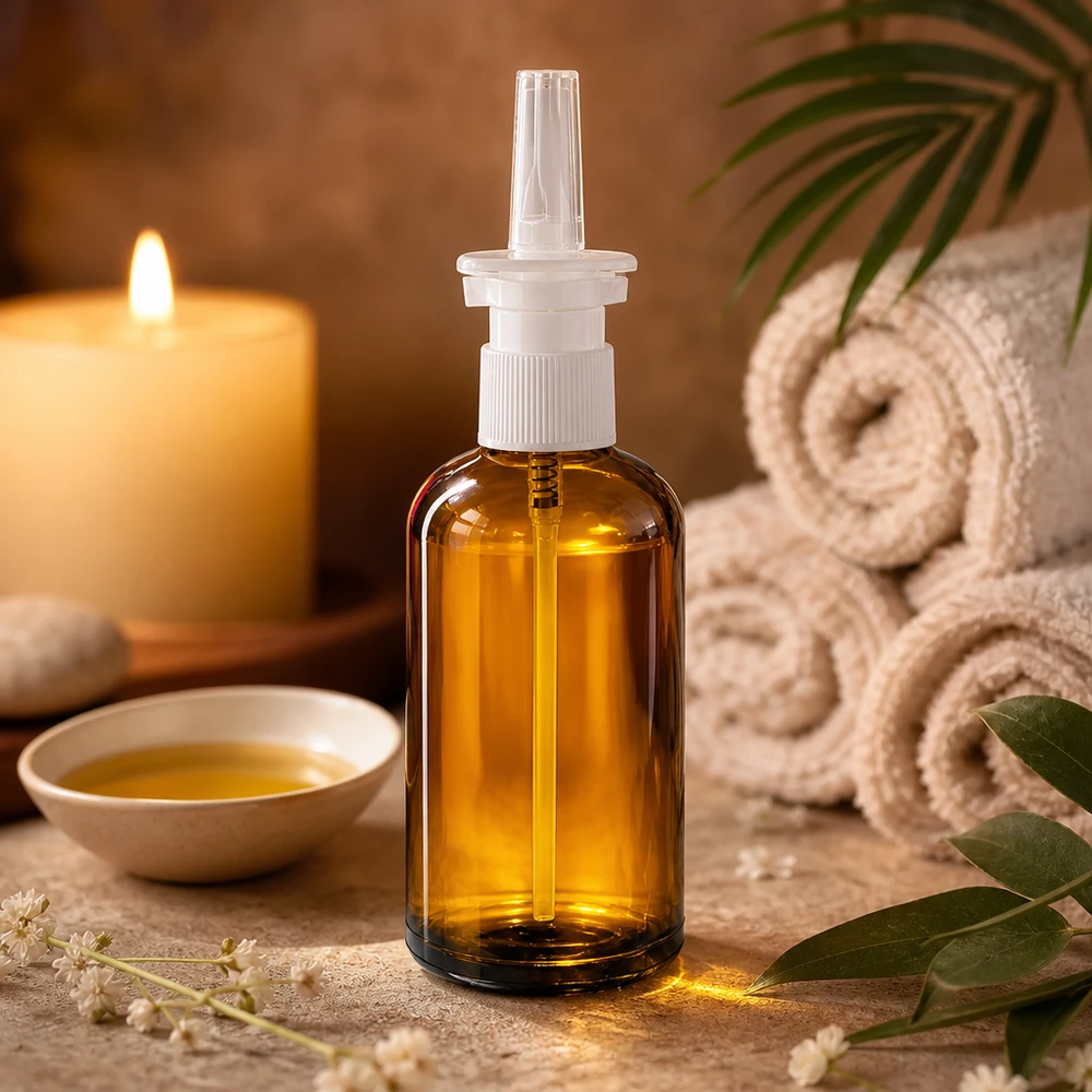 100ml flacon vaporisateur nasal w./tr. STD BrownLine UT18/100 Flacon robuste en verre brun de 100 ml avec tête de pulvérisation blanche pour les applications stériles de spray nasal