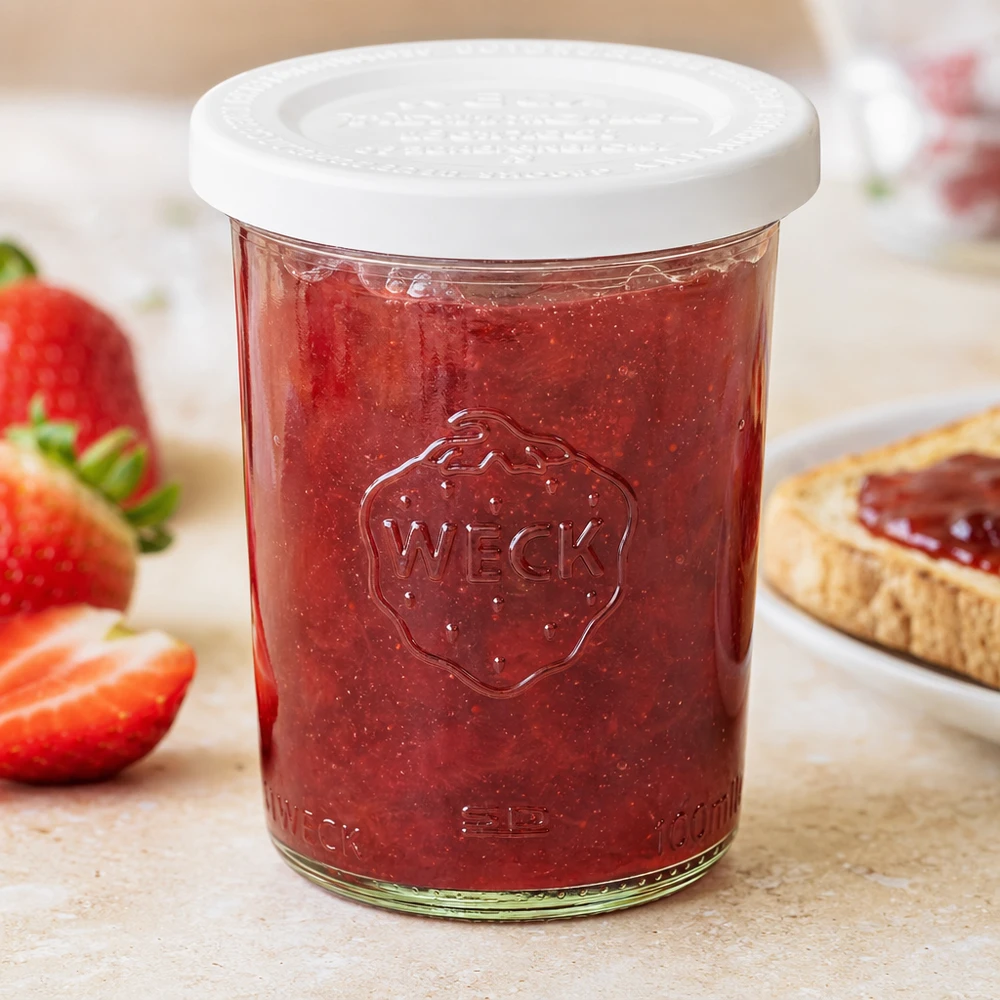 Bocal en verre de 160 ml avec couvercle hermétique WECK RR60 WECK Pot de conserve 160ml avec confiture de fraises et couvercle fraîcheur blanc, à côté de fraises fraîches et de pain avec confiture