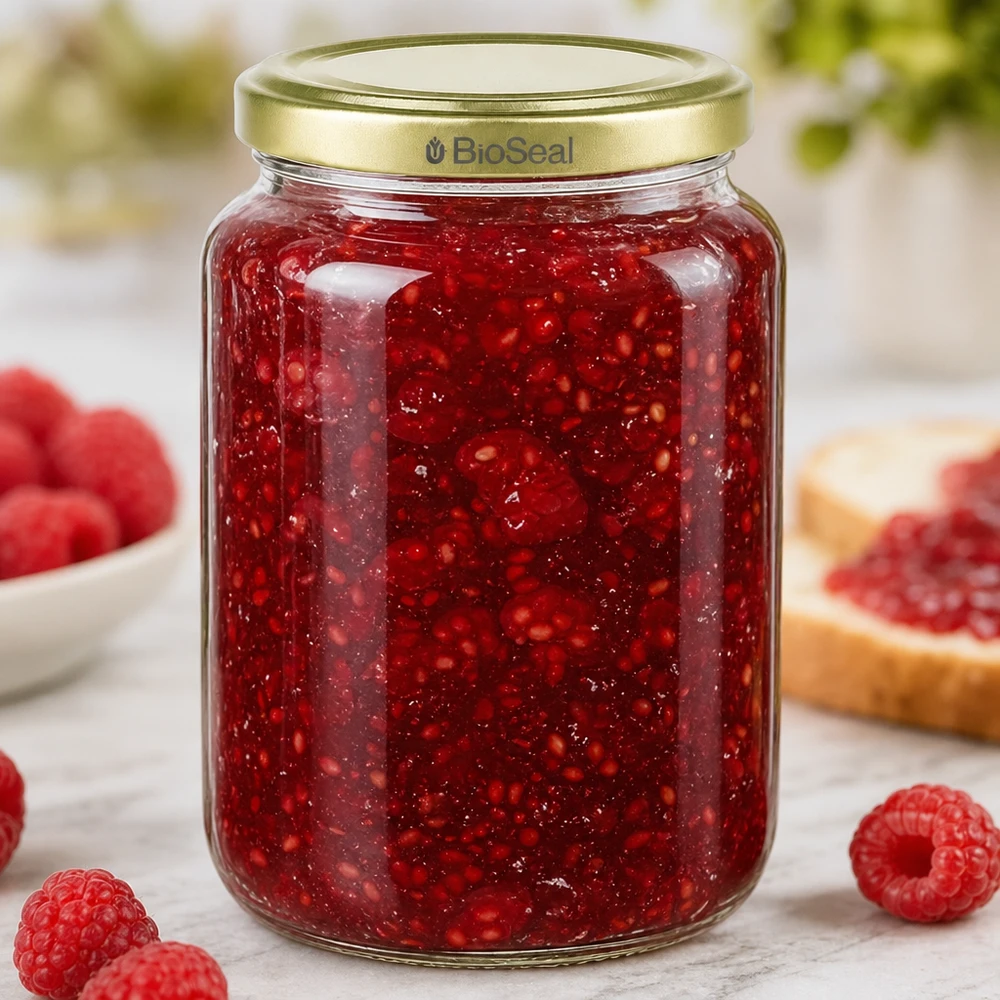 Pot de miel de 1000g rempli de confiture de framboise rouge montre l'utilisation pratique pour la mise en conserve et la conservation