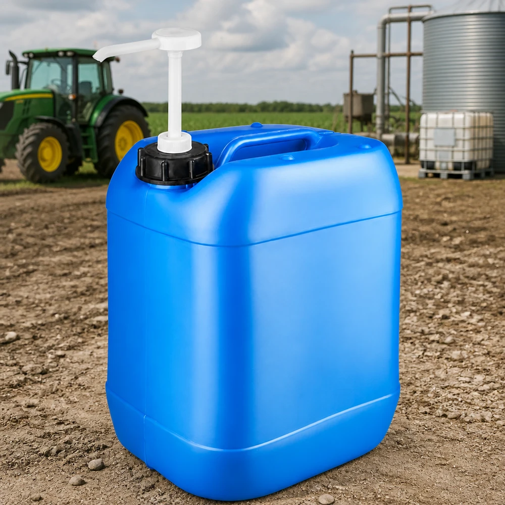 Bidon de 20 litres bleu avec pompe doseuse Utilisation agricole : bidon bleu de 20 litres avec pompe verseur, à côté de silos à céréales