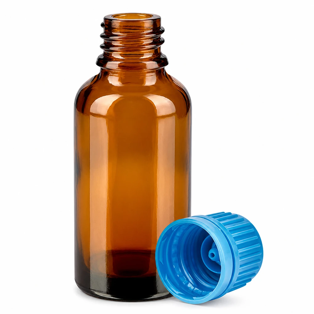 Flacon 30ml 11mm SV bleu OV BrownLine UT18/30 Flacon compact de 30 ml en verre teinté avec bouchon bleu pour un dosage précis