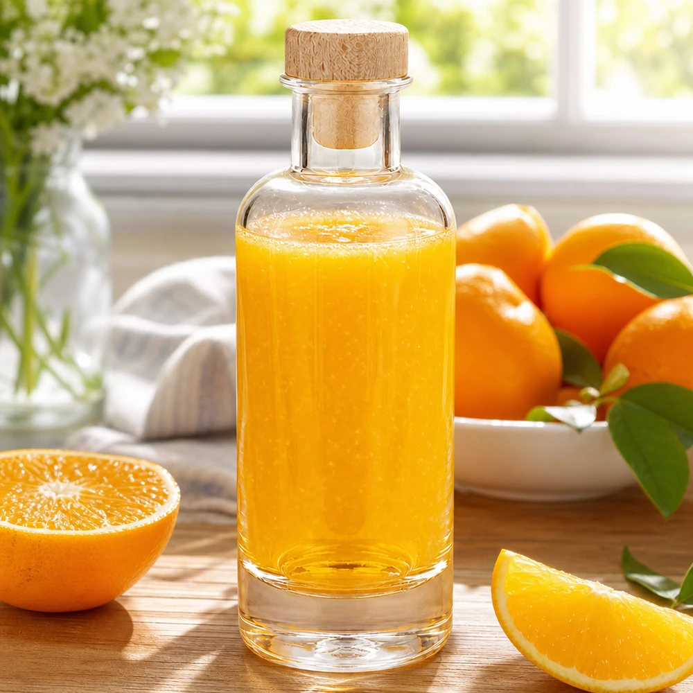 Bouteille Ella » avec bouchon en bois UNiTen verre 200 ml « WIST® Bouteille en verre Ella de 200 ml avec bouchon en bois remplie de jus d'orange à côté d'oranges coupées sur une planche en bois