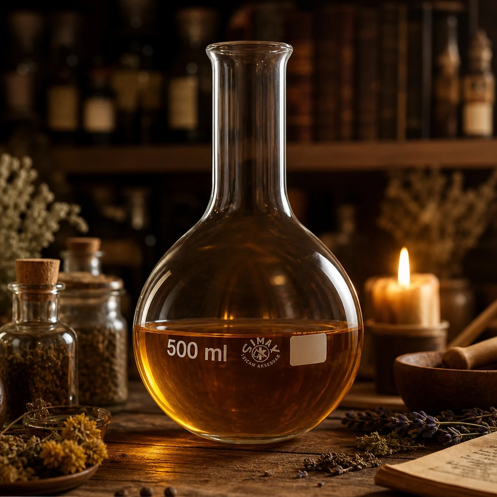 Ballon à fond plat 500 ml à col étroit, en verre borosilicate avec bord renforcé Fiole de laboratoire 500ml à col étroit entourée de plantes séchées et de la lumière chaude d'une bougie
