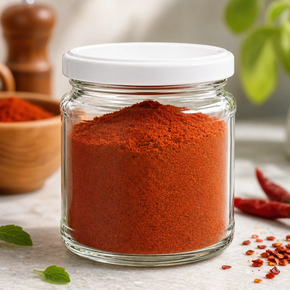 212ml Verre rond avec couvercle BasicSeal blanc UNiTWIST Bocal rond de 212 ml avec couvercle blanc UNiTWIST rempli de paprika rouge en poudre - idéal pour la conservation des épices