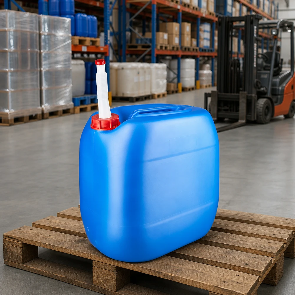 Bidon 30 litres bleu avec tube de vidange Flex Bidon empilable en PEHD de 30 litres, bleu, avec bec verseur flexible, pour un stockage professionnel