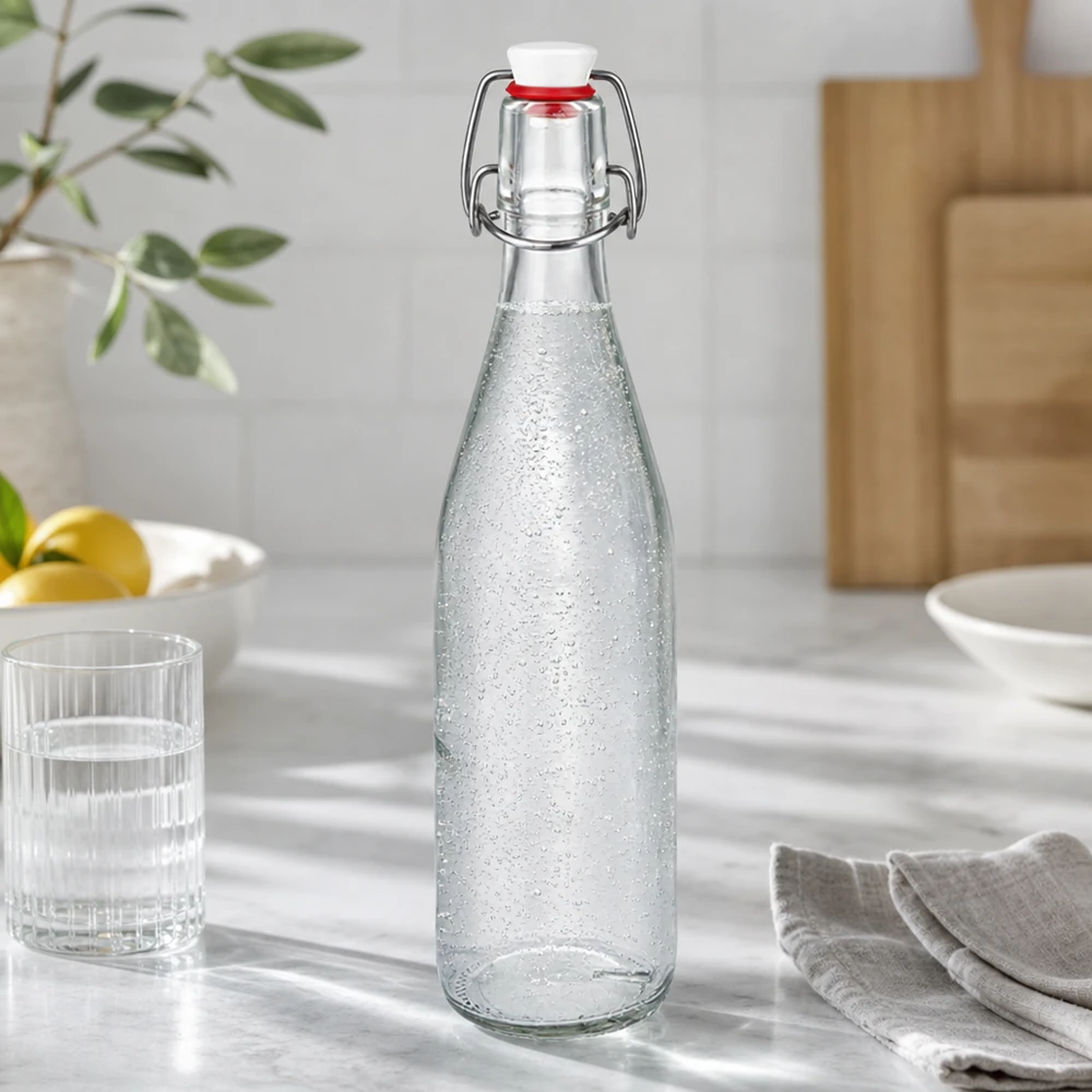 Bouteille en verre de 500 ml + bouchon mécanique en porcelaine UN.. Bouteille en verre de 500 ml avec bouchon à étrier remplie d'eau gazeuse dans une cuisine moderne à côté du verre et des couverts