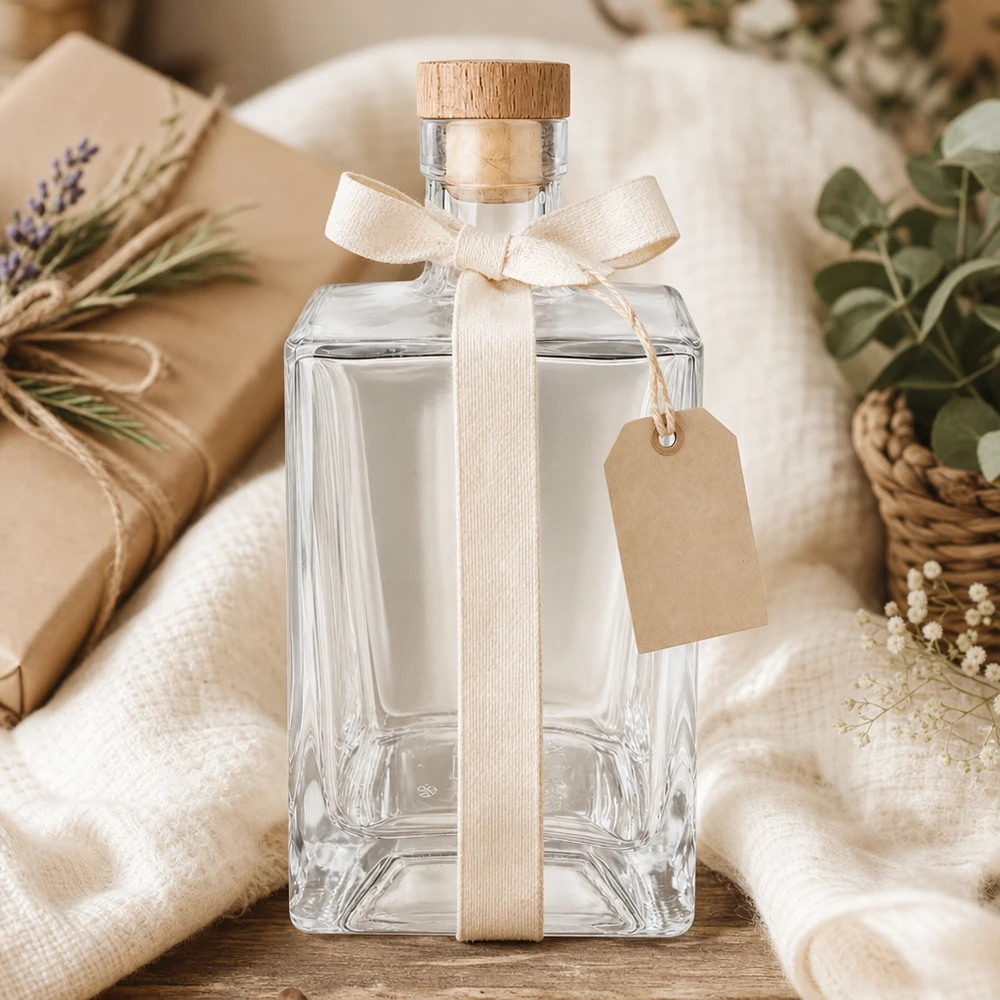 Bouteille en verre Ben de 700ml décorée comme cadeau avec ruban crème Pendentif emballage naturel Bouchon en bois UNiTWIST