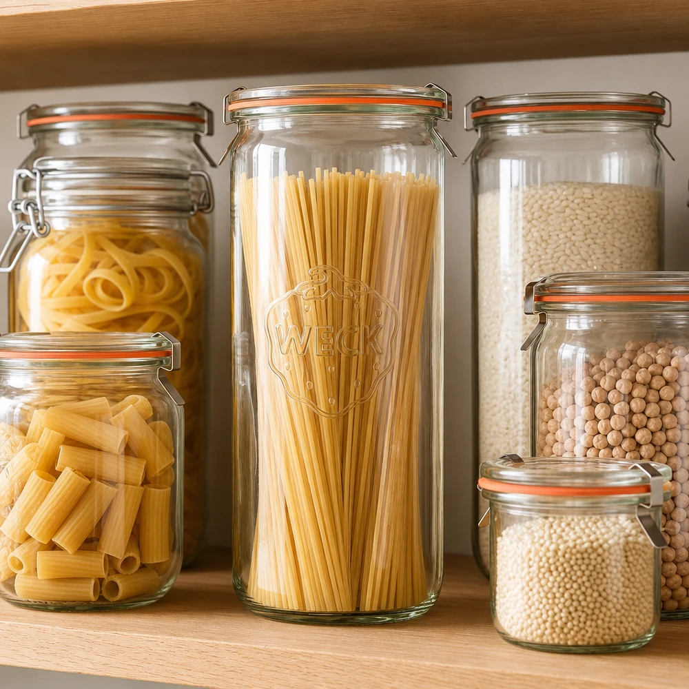 WECK Bocal cylindrique 1040ml RR80 pour conserver les pâtes, le riz et les légumineuses dans un garde-manger organisé