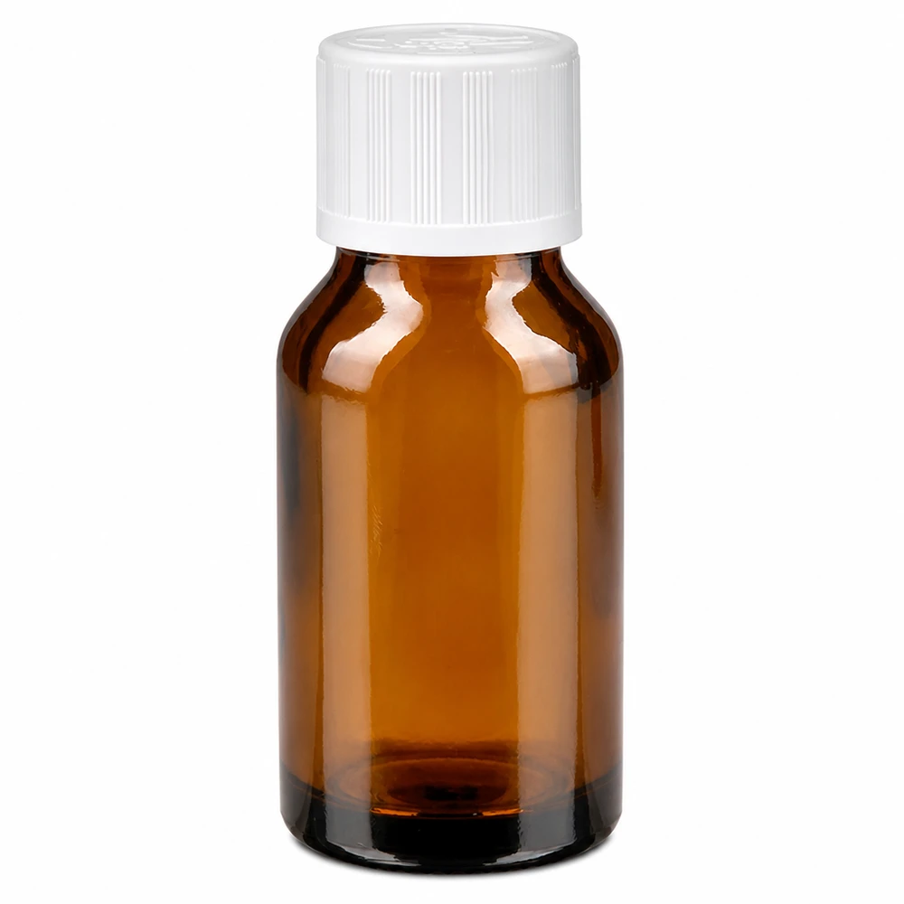 Flacon à pharmacie brun 30ml bouchon compte-gouttes blanc sécurité enfant std Petit flacon de pharmacie en verre ambré de 30 ml, muni d'un bouchon à vis KiSi blanc et d'un bec verseur compte-gouttes