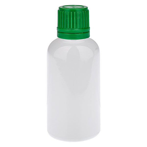 Flacon 30 ml, bouchon à vis 11 mm vert, bouchon d'inviolabilité WhiteLine UT18/30 Flacon 30 ml, bouchon à vis 11 mm vert, bouchon d'inviolabilité WhiteLine UT18/30