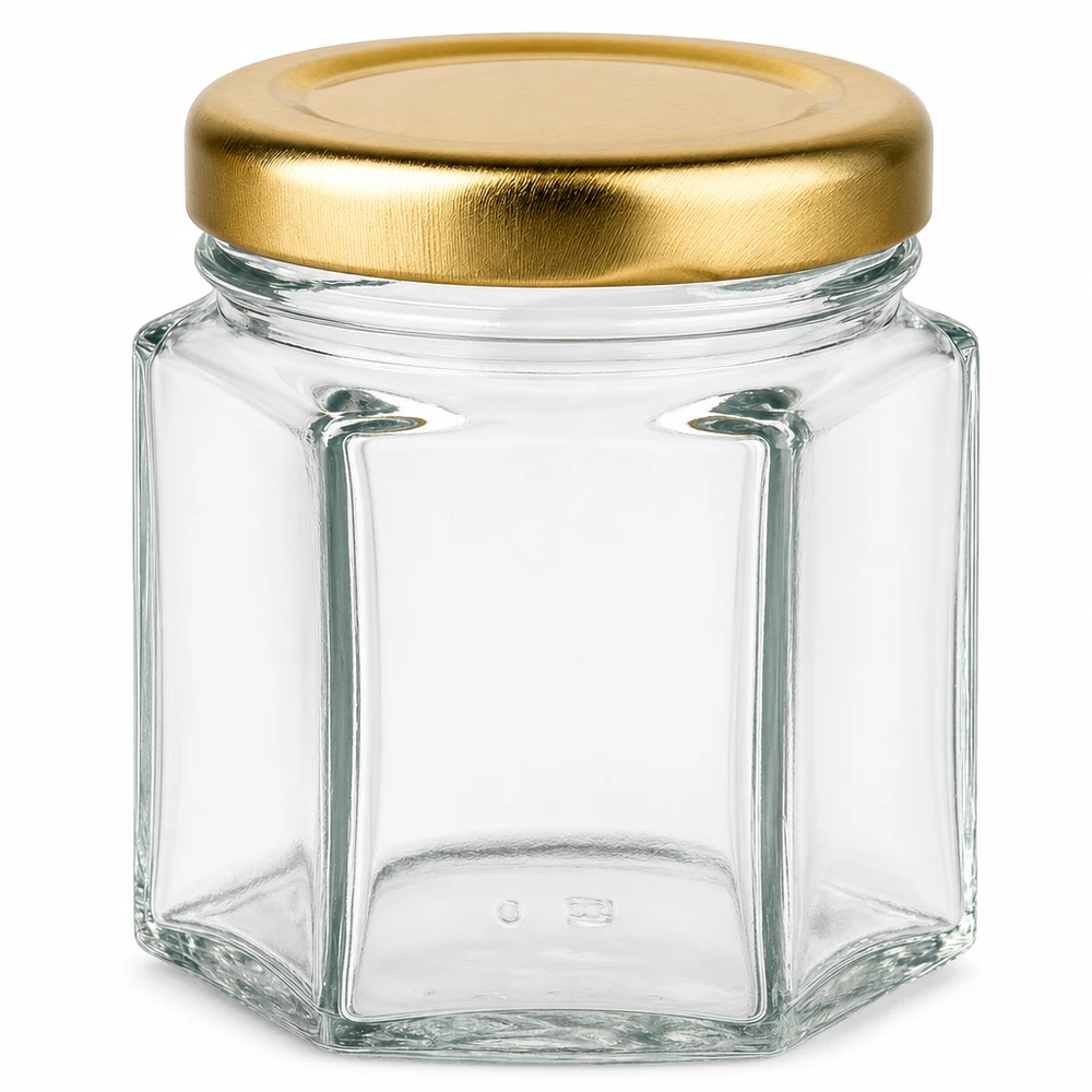 Pot à miel hexagonal de 60g avec couvercle à visser doré BasicSeal UT transparent vide pour miel et confiture