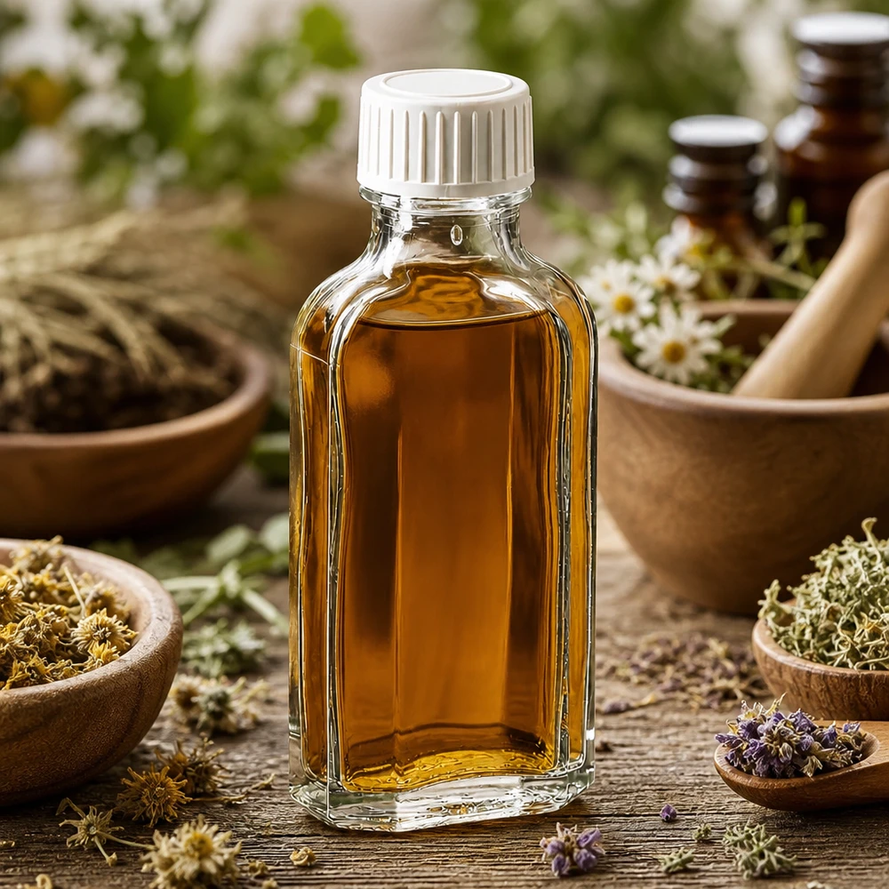 Flacon de pharmacie transparent de 50 ml contenant un insert en mousse de PE entouré d'herbes naturelles séchées