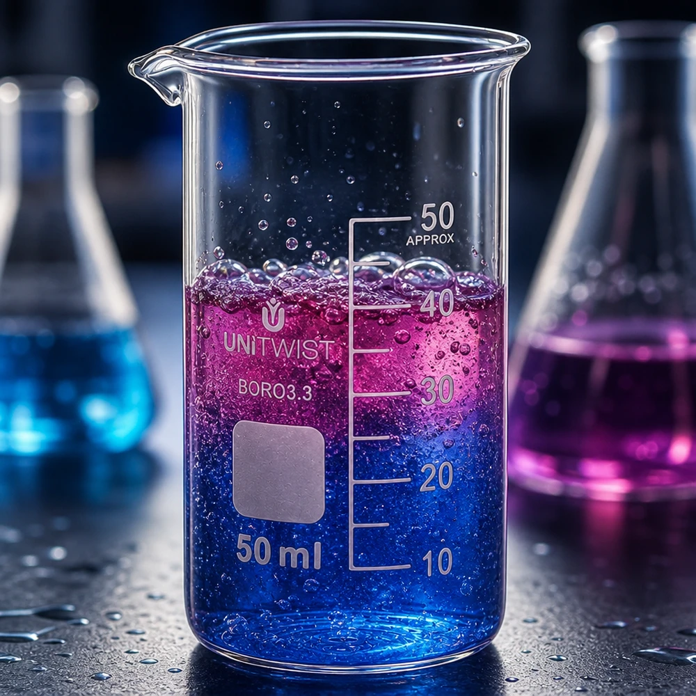 Bécher 50ml borosilicate, forme haute UNITWIST Verre à bec transparent UNITWIST de 50 ml, de forme haute, à côté d'un flacon Erlenmeyer dans un environnement de laboratoire