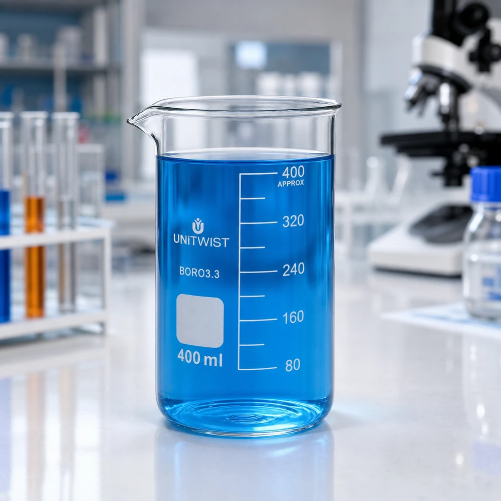 Bécher 400ml borosilicate, forme haute UNITWIST UNITWIST 400 ml, verre de laboratoire de forme haute avec bec verseur et graduation blanche sur la surface du verre
