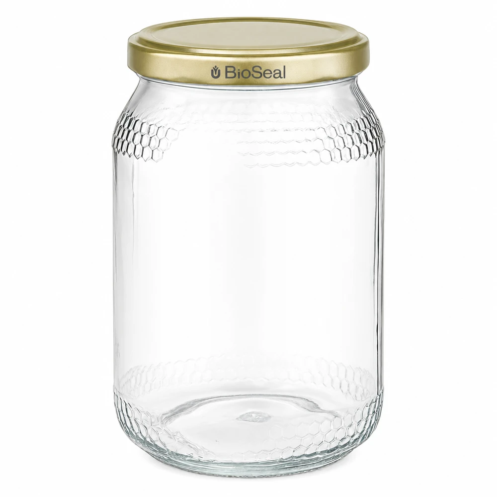 Pot à miel 1260 g avec couvercle doré BioSeal UNiTWIST Pot à miel 900ml avec couvercle doré BioSeal UNiTWIST vide transparent Emballage pour miel d'apiculture