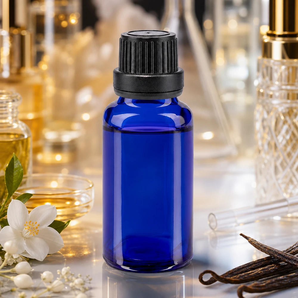 Flacon de pharmacie en verre bleu de 20 ml avec bouchon d'origine noir, à côté de gousses de vanille et de fleurs de jasmin