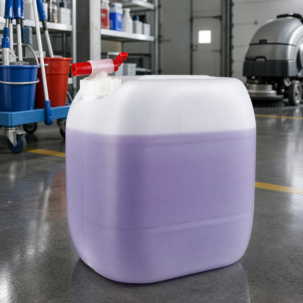 Bidon industriel de 30 litres avec robinet, destiné aux produits chimiques de nettoyage dans les locaux de stockage