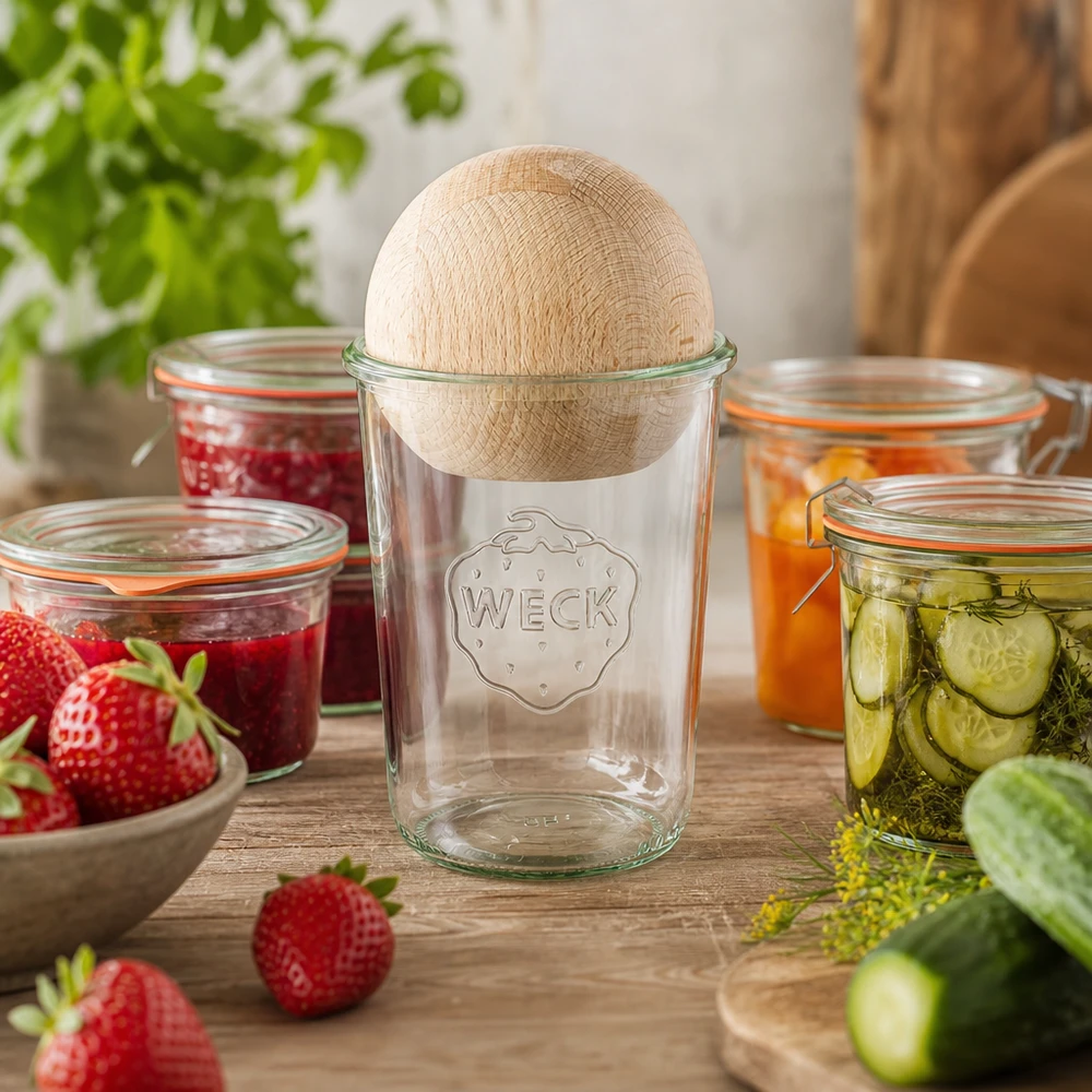 850ml bocal conique WECK RR100 avec boule en bois en hêtre WECK Pot de 850ml RR100 dans scène de cuisine avec confitures, couvercle boule en bois en hêtre, pot de confiture