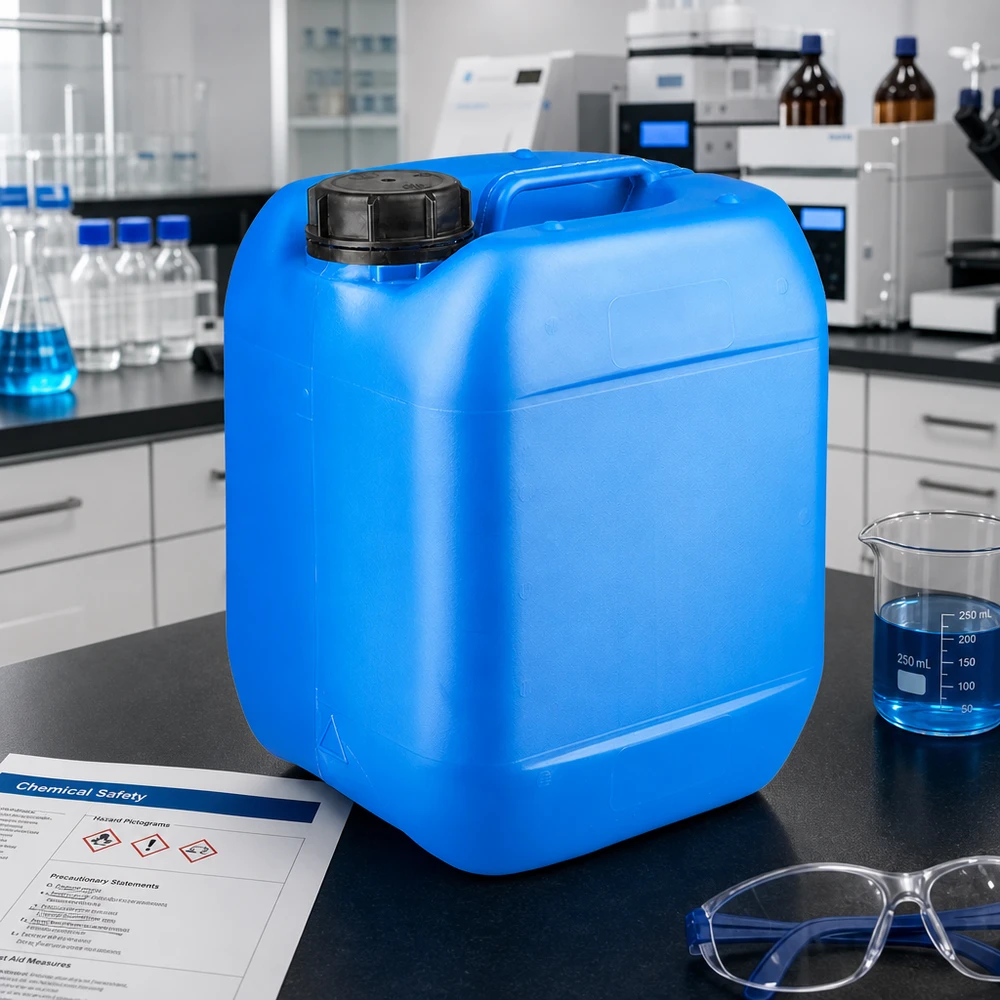 Bidon bleu en PEHD de 5 litres avec bouchon d'origine et poignée de transport intégrée