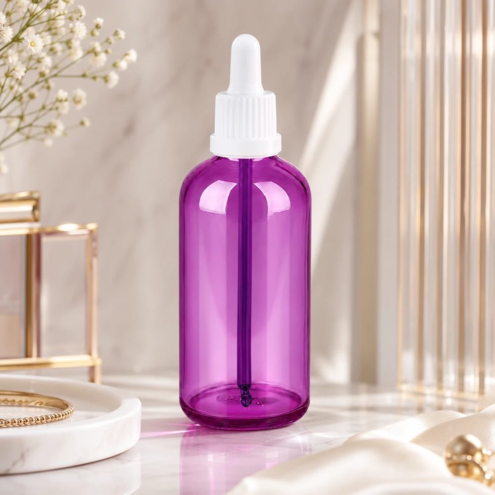 Flacon pipette 100ml blanc originalité bouchon à vis PurpleLine UT18/100 Bouteille en verre moderne de 100 ml de la série PurpleLine avec système goutte à goutte pratique pour un usage quotidien