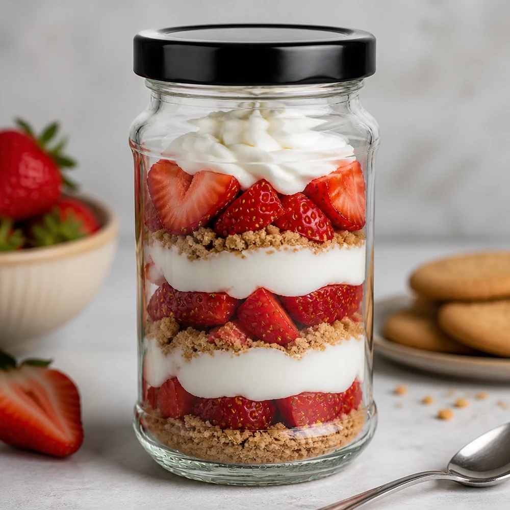 390ml Verre rond avec couvercle BasicSeal noir UNiTWIST Verre rond de 390 ml avec couvercle BasicSeal noir comme verre à dessert pour trifle à la fraise - parfait pour les friandises sucrées