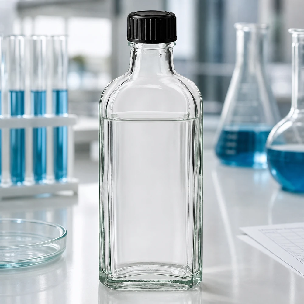 Flasque transparente de 100 ml au goulot DIN 22, avec bouchon à vis DIN 22 noir et joint LKD Flacon rectangulaire en verre transparent de 100 ml « Meplat » avec bouchon à vis étanche et rondelle d'étanchéité