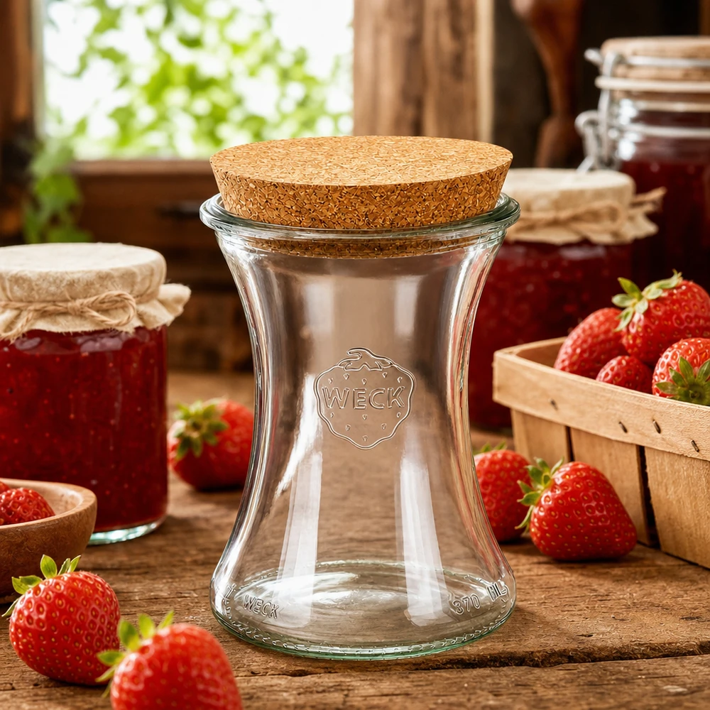 WECK Pot à provisions 370ml RR80 Scène de style de vie avec des fraises et des pots de confiture sur une table en bois dans la cuisine