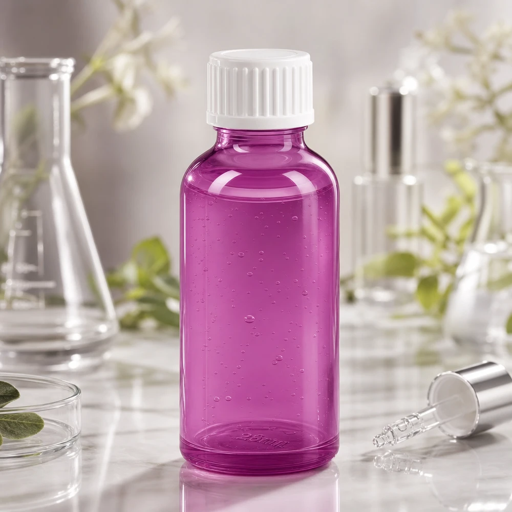 Flacon doseur violet de 30 ml avec système de gouttes standardisé pour les produits de beauté et de bien-être