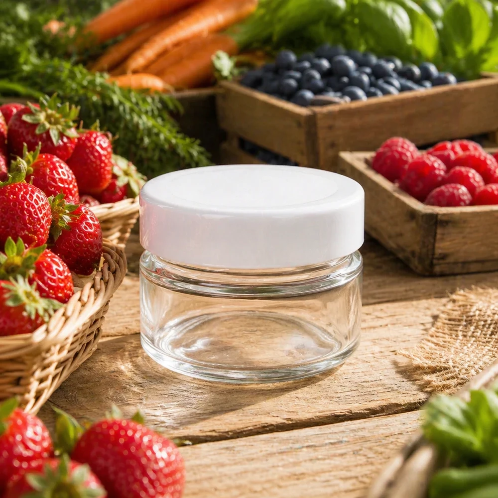 80ml Verre rond avec couvercle BasicSeal blanc UNiTWIST 80ml Rundglas mit weißem Deckel zwischen frischen Beeren - stilvolle Glasdose für natürliche Kosmetik und Cremes