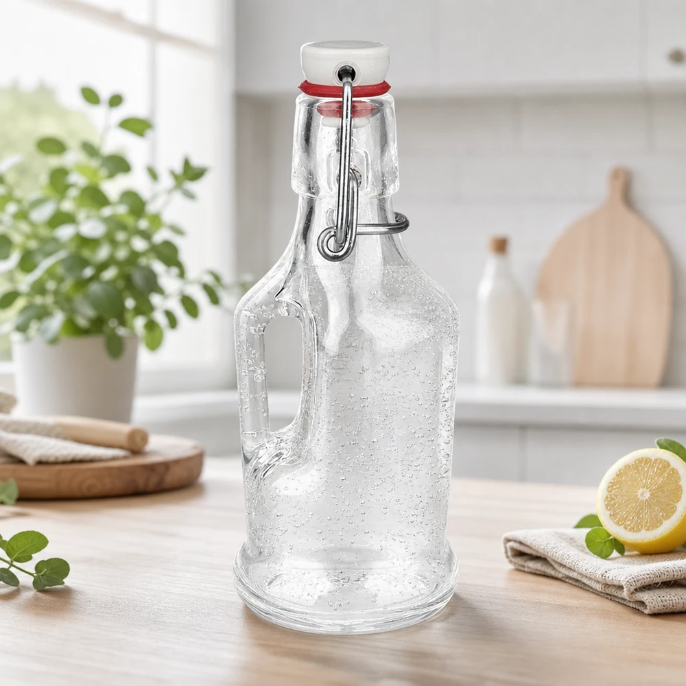 Bouteille en verre 200 ml « Bertha » et bouchon en porcelaine UNiTWIST® Bouteille en verre vide Bertha de 200ml avec gouttes d'eau et bouchon à étrier en porcelaine blanche sur plan de travail de cuisine UNiTW