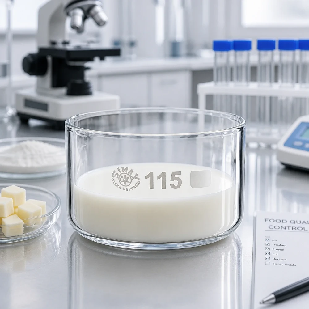 Coupelle de cristallisation 500 ml sans bec verseur Coupe ronde en verre borosilicaté de 115 mm de diamètre contenant un liquide blanc dans un laboratoire alimentaire
