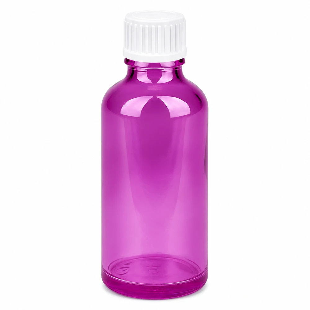 Flacon 50ml (globules) 3mm bague de coulée blanche standard PurpleLine. UT18/50 Flacon en verre transparent violet de 50 millilitres avec bouchon à vis de sécurité pour les enfants