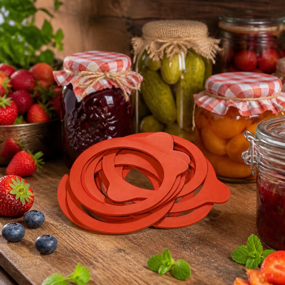Anneau de mise en conserve RR80 Caoutchouc naturel rouge empilé sur une planche en bois avec bocaux à conserves Baies Pickles Confiture Conserves