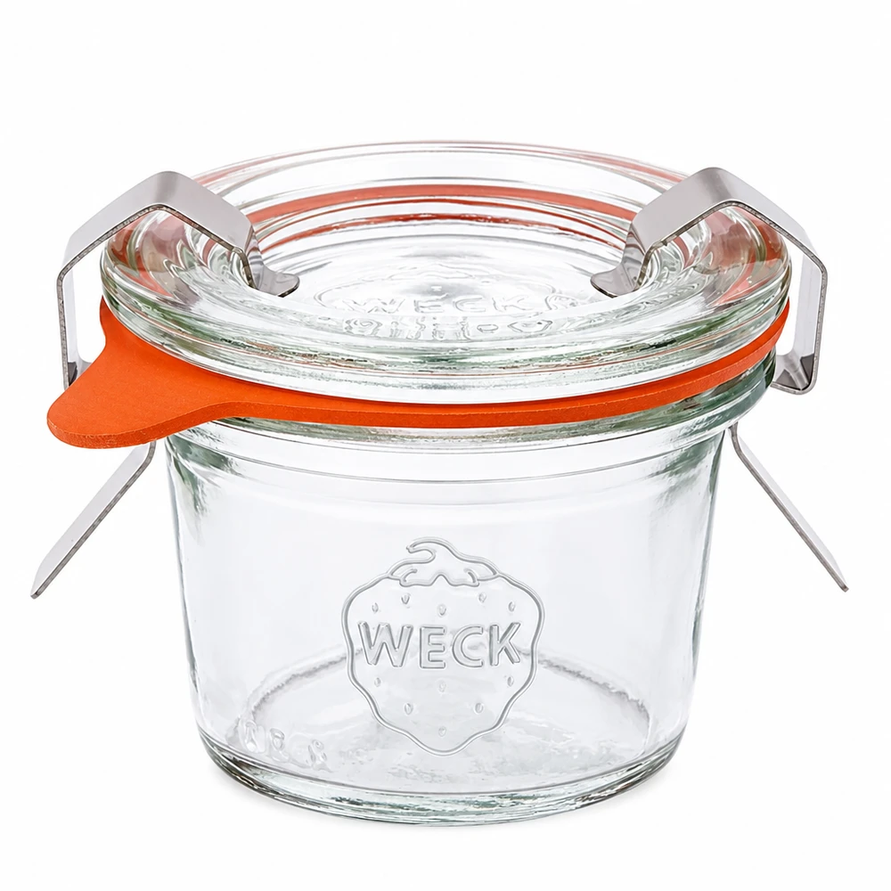 WECK Pot renversé 35ml RR40 avec couvercle en verre Anneau en caoutchouc et pinces pour la mise en bocaux et la conservation