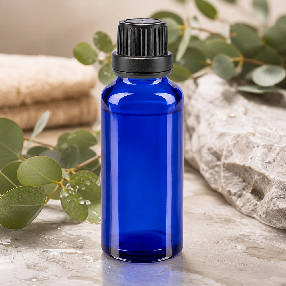 Flacon de pharmacie bleu 30ml bouchon vissable noir bouchon inviolabilité Petit flacon en verre bleu de 30 ml avec bouchon à vis noir à l'épreuve des enfants, pour huiles essentielles