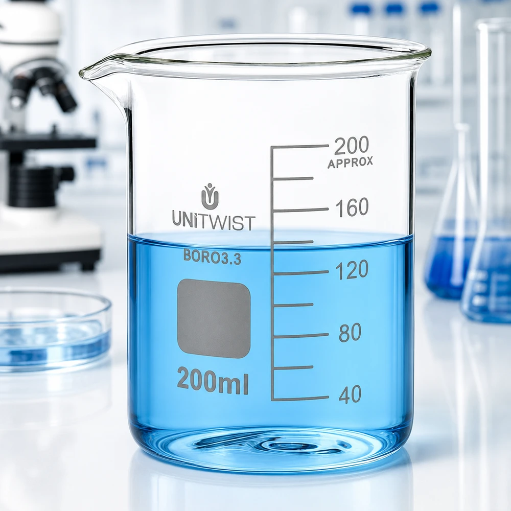 Bécher 200ml borosilicate, forme basse UNiTWIST Verre de chimie 200 ml, borosilicate 3.3, modèle bas, pour laboratoire et recherche scientifique