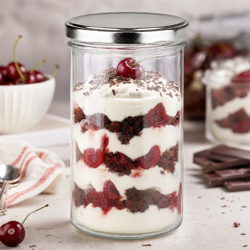230ml Verre conique avec couvercle BasicSeal argent UNiTWIST 277ml Sturzglas mit silbernem BasicSeal Deckel gefüllt mit Schichtdessert Kirsch-Schokolade perfekt für Desserts