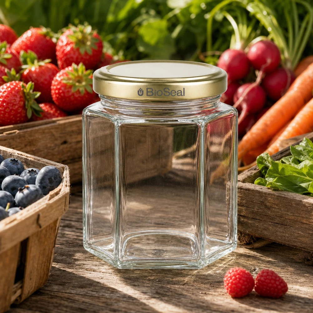 250g pot de miel vide hexagonal BioSeal couvercle doré entre fruits et légumes frais sur bois rustique Matériel d'apiculture
