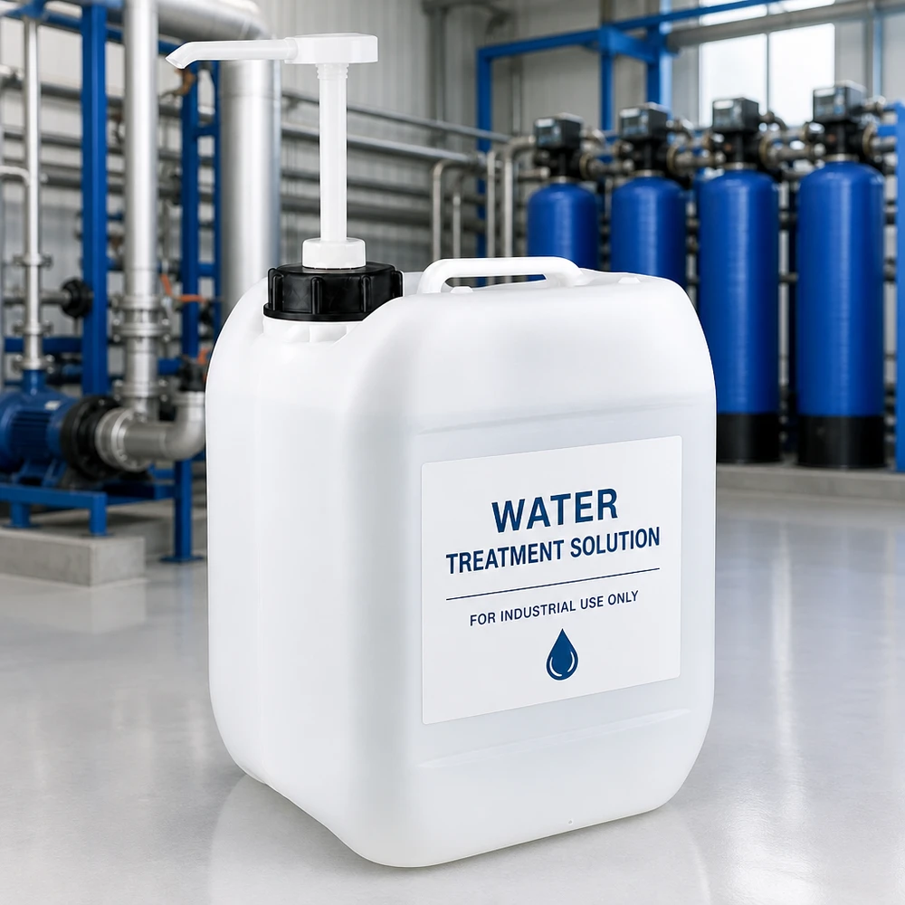 Bidon industriel de 5 litres avec pompe-distributeur pour solution de traitement de l'eau dans une station de traitement d'eau