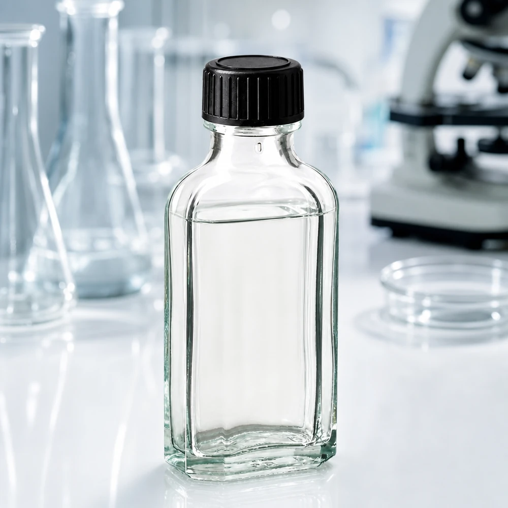Flasque transparente de 50 ml au goulot DIN 22, avec bouchon à vis DIN 22 noir et joint LKD Flacon en verre transparent de 50 ml, de forme rectangulaire à fond plat, muni d'un bouchon à vis hermétique