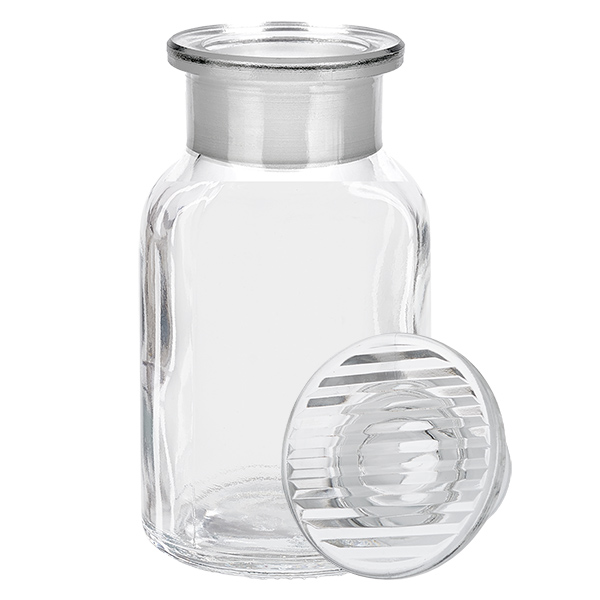 Flacon pharmaceutique 100 ml col large + bouchon verre clair Flacon en verre transparent à épaulement arrondi de 100 ml, muni d'un bouchon à col large rainuré en verre transparent