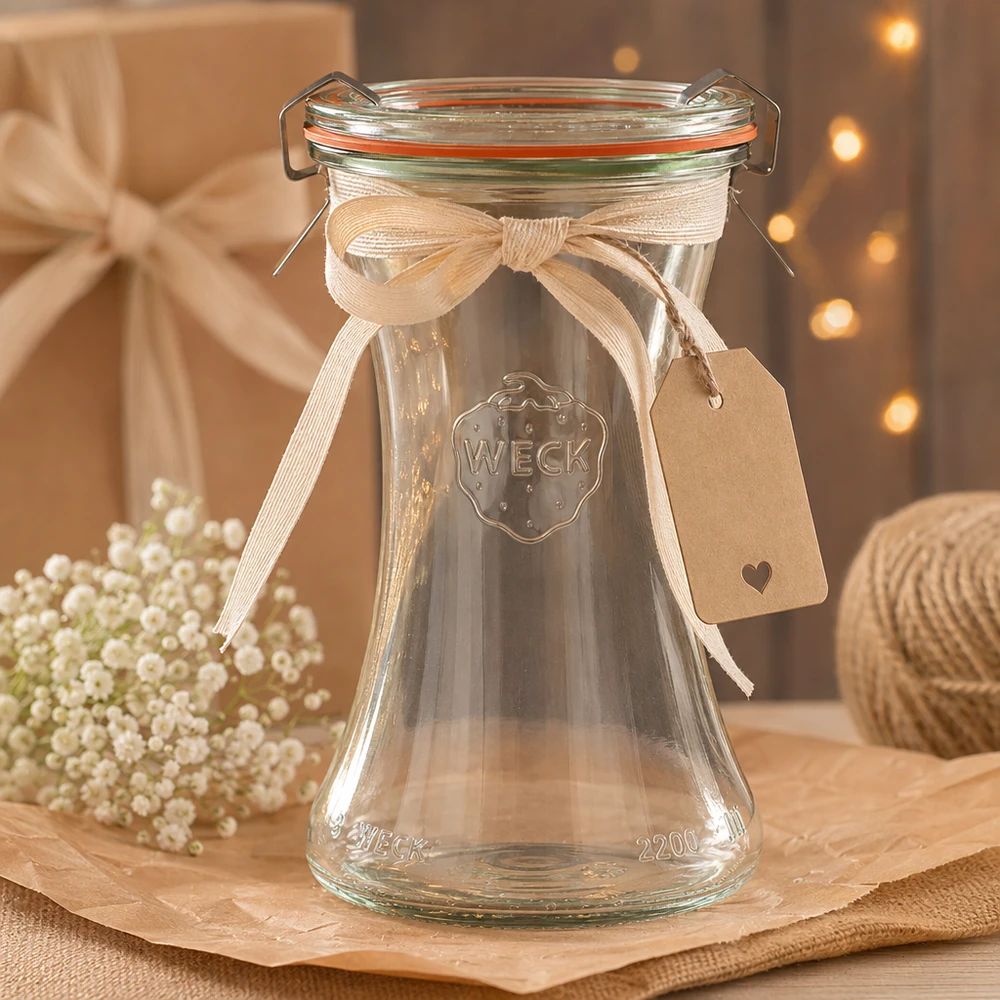 WECK Pot à délicatesse 200ml RR60 décoré avec un ruban crème et une étiquette cadeau dans une ambiance rustique.
