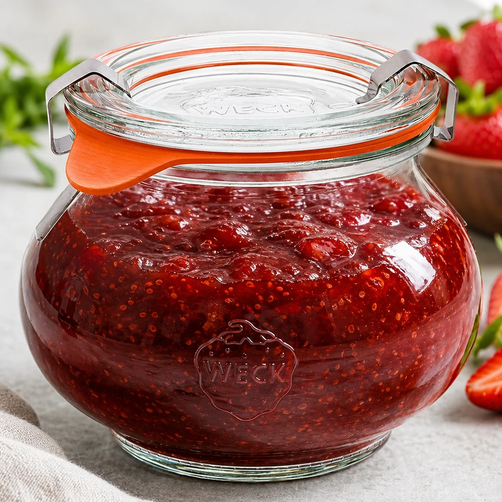 WECK Pot à bijoux 220ml RR60 rempli de confiture de fraises maison, pot de conservation idéal pour les confitures